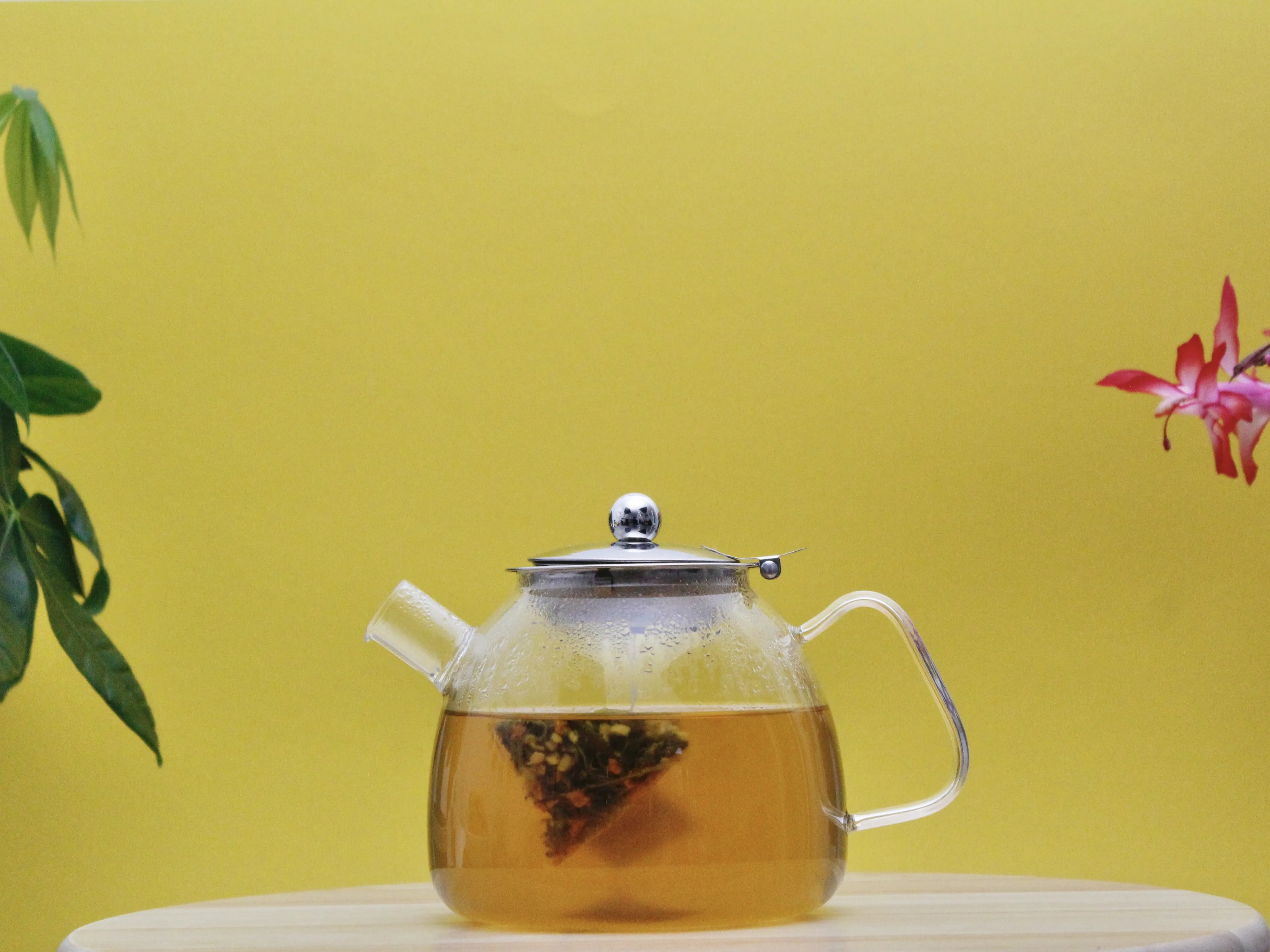 Frisch aufgebrühter Tee in der Teekanne mit nachhaltigem Pyramidenbeutel für Ayurveda Tee, Kräutertee oder Wellness Tee.