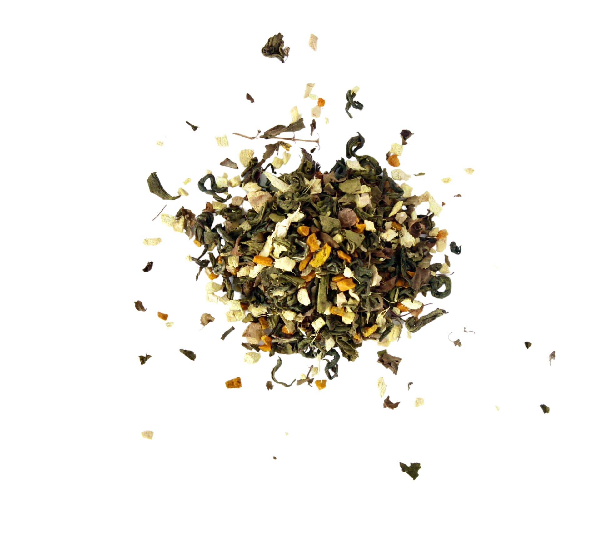 Eine klare Ansicht von oben auf Ayurtea Golden Tea, der die Tee-Mischung und die enthaltenen Zutaten präsentiert.